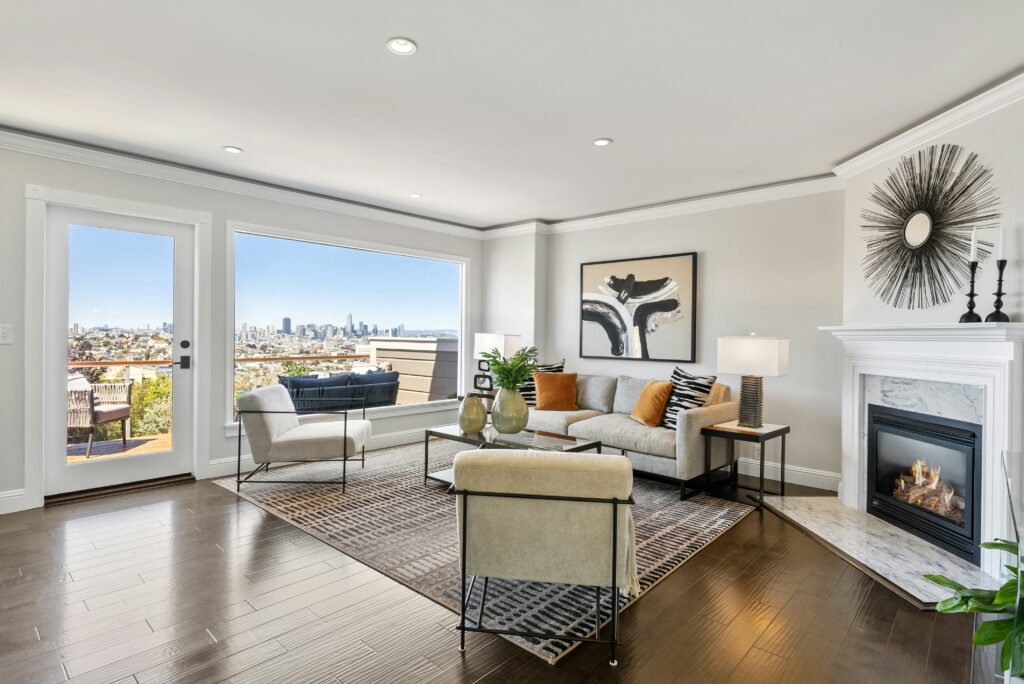A bright living room with a city view