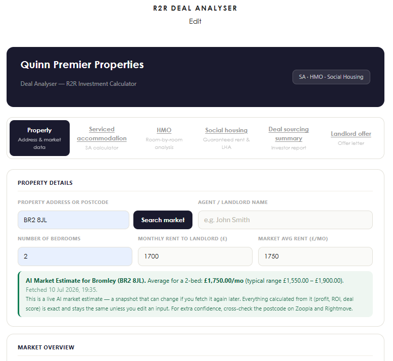The R2R Deal Analyser showing property details and an AI market estimate
