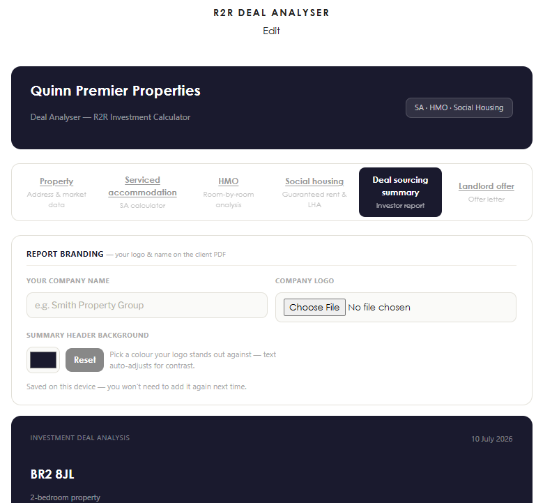The R2R Deal Analyser report branding screen